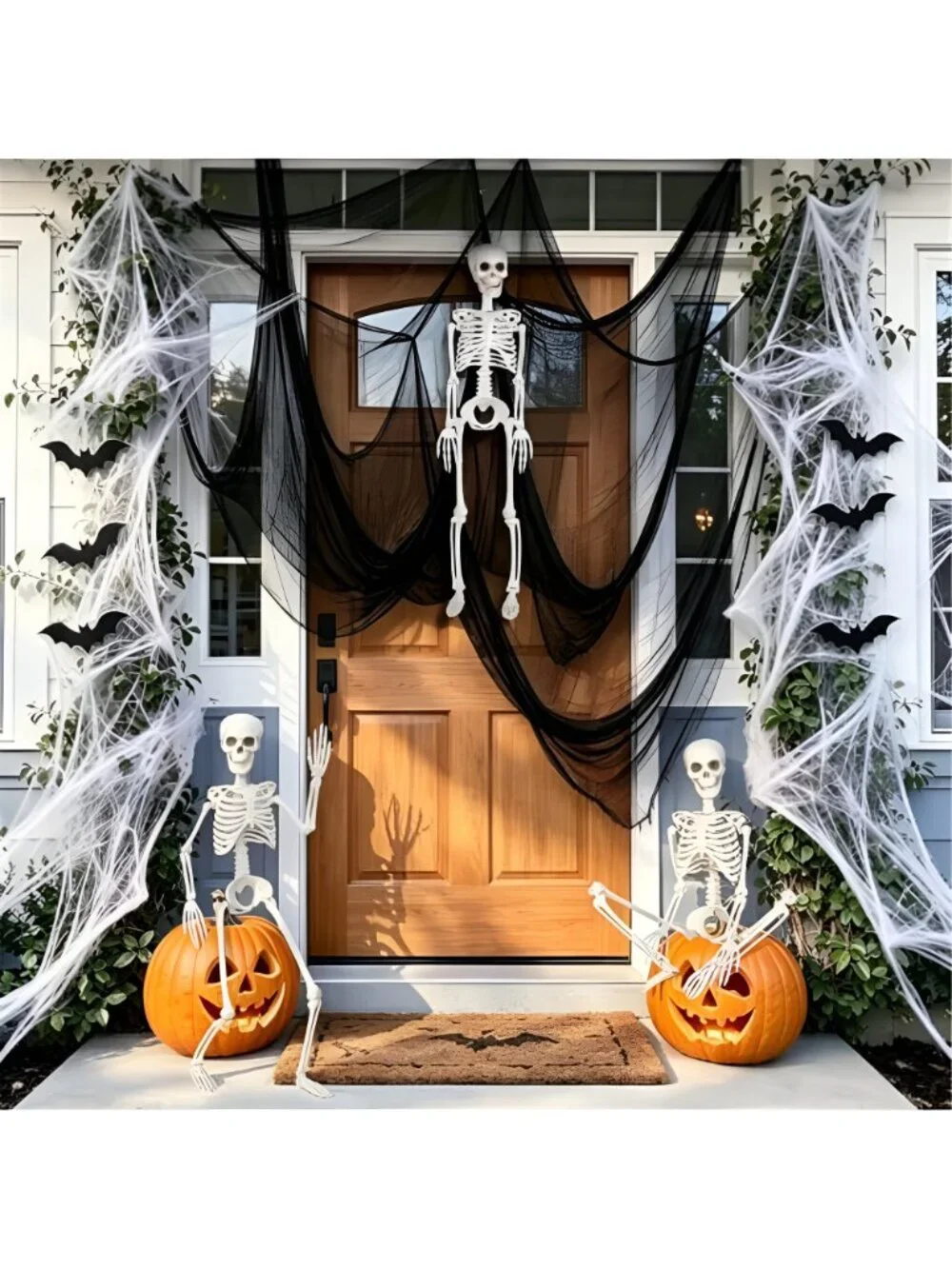 3 Pack 36in Halloween Skeletons,5 Pack 30x72in Black Creepy Cloth,300